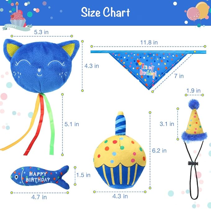 BINGPET Cat Birthday Catnip Toys for Indoor Cats,Cat Birthday Hat,Bandana and Cat Birthday Cake Interactive Plush Kitten Chew Toys,Cute Fish,Balloon Toys with Crinkle Paper and Catnip Inside(Blue)
