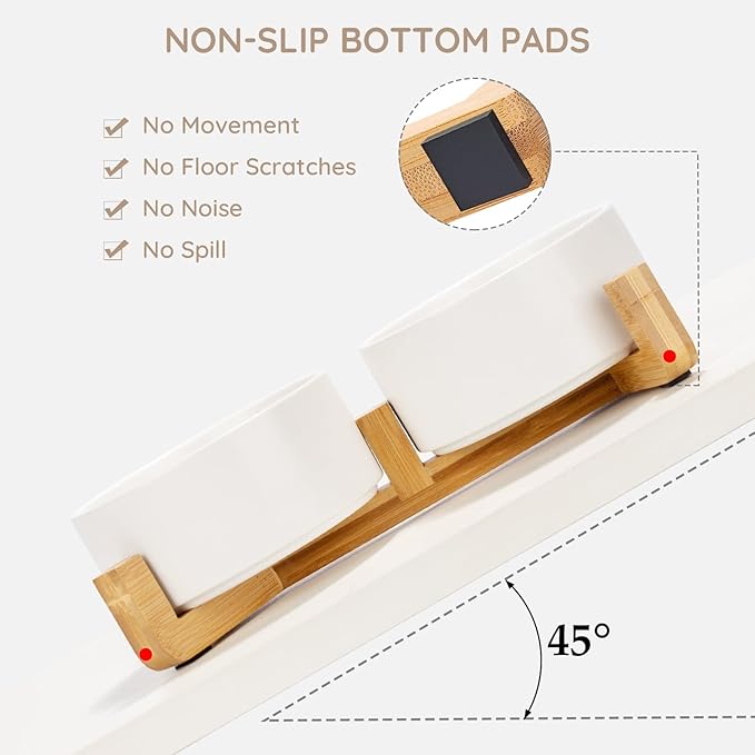 SPUNKYJUNKY Ceramic Dog and Cat Bowl Set with Wooden Stand, Modern Cute Weighted Food Water Bowl Set for Medium to Large Size Dogs (42 OZ, 2 × Grey)