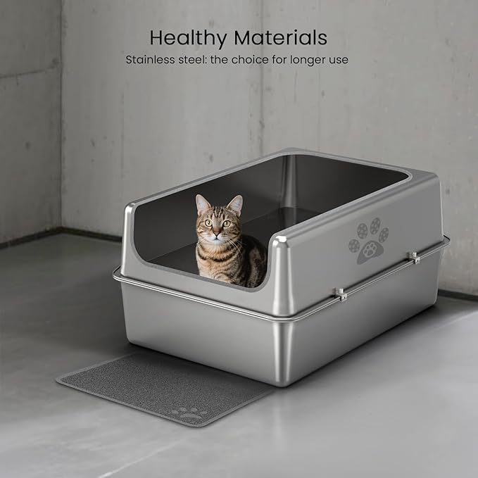 Enclosed Stainless Steel Cat Litter Box with Lid, Oversize Metal Litter Box for Multi Cats, XXXL Supersize Cat Toilet with High Side, Non-Stick, Anti-Leakage, Odorless, with Litter Mat & Litter Scoop