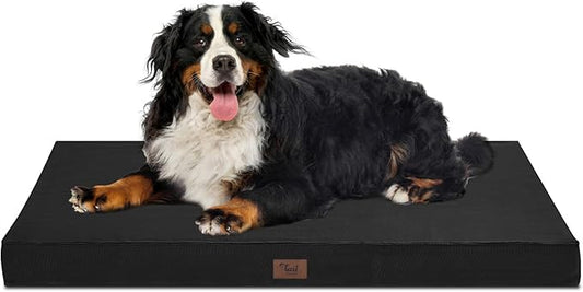 Outdoor Extra Large Dog Crate Bed, Big Waterproof Dog Bed for Large Dogs, Orthopedic Egg Foam Pet Bed Mat with Removable Cooling Cover, Black