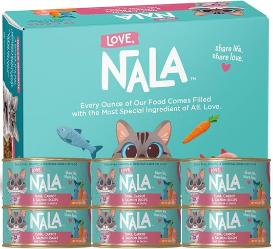 LOVE, NALA - Natural Adult Cat Wet Food - Pate Tuna, Carrot, & Salmon Recipe - Grain Free, Non-GMO, Digestive Fiber Blend, Minerals, Vitamins - 12 Pack 2.4 lbs.