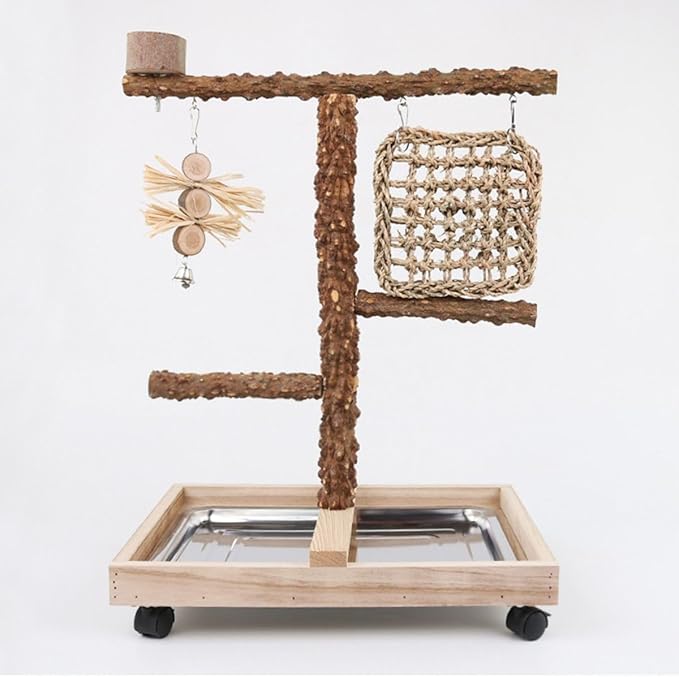 Natural Wood Parrot Stand - Ideal Toy & Accessory for Parakeets, Canaries, Cockatiels, Conure, Lovebirds - Bird Perch Stand with Removable Tray Climbing Net Chewing Toys- Perfect Pet Birds Playstand