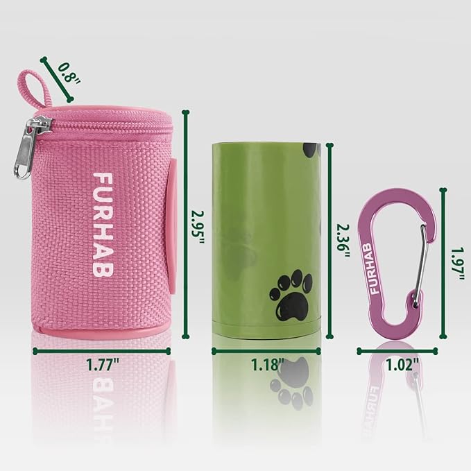 Dog Poop Bag Holder for Leash Doggie Waste Bag Dispenser Soft Fabric Puppy Potty Carrier Small Doggy Zipper Pouch with Carabiner Clip 1680D Nylon Oxford with 1 Roll of Pet Trash Bags, Pink