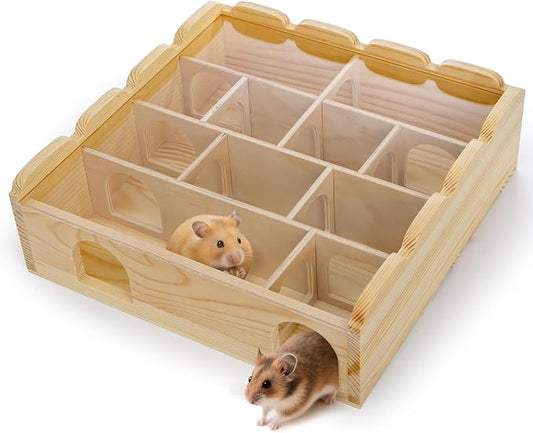 ZENFUN Wooden Hamster Maze with Clear Acrylic Cover, Multi-Chamber Hamsters Hide Tunnel Cage, Hideout Tunnel Toy Shed and Explore Toy for Dwarf Hamsters Mice Small Gerbil（Free-Installation）