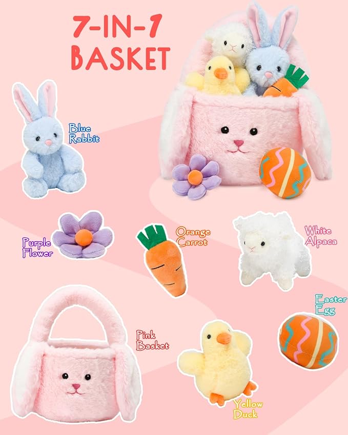 7 Piece Plush Stuffed Animals Playset Toys with Rabbit, Chick, Lamb, Carrot, Egg, Flower, Furry Bag, Soft Basket Set Toys for Girls Kids Ages 3+, Birthday Christmas Valentines Easter Party Favors