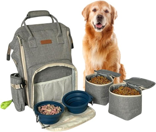 Tito's Closet Dog Travel Bag Includes Dog Travel Accessories 2-Pack Dog Travel Bowl, 2 Dog Food Containers, Dog Treat Bag (Gray), DB2024