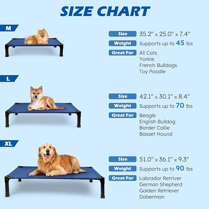 Heeyoo Elevated Dog Bed, Cooling Raised Pet Cot with Chew Proof Washable Breathable Mesh and Metal Frame, Portable Dog Cot Bed with No-Slip Feet for Outdoor or Indoor Use