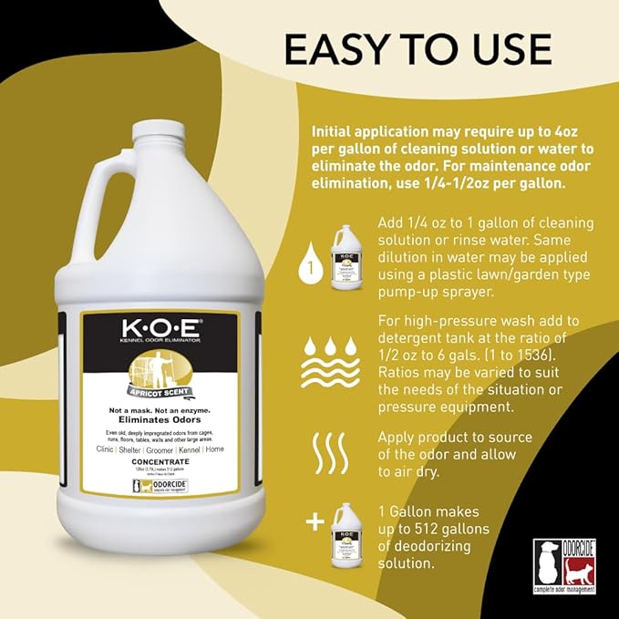 Odorcide K.O.E. Apricot Odor Eliminator Concentrate 128 oz for Strong Odor for Cages, Runs & More – Pet Odor Eliminator for Home & Kennel w/Safe, Non-Enzymatic Formula