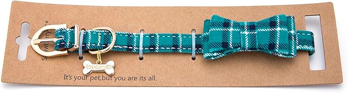 Puppy Collars for Small Dogs - StrawberryEC Adjustable Puppy Id Buckle Collar Leather. Cute Plaid Bandana Dog Collar (Bow-Peacock Green)
