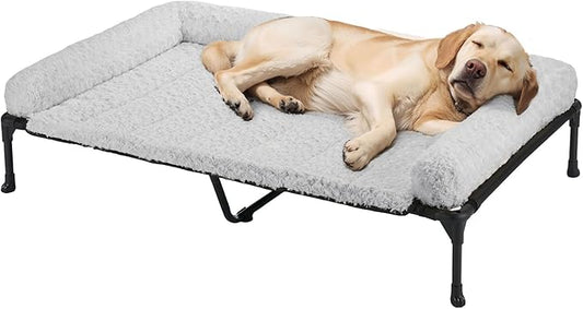 Veehoo Cooling Elevated Dog Bed Add Removable Deluxe Rose Plush Bolster Cushion Mat, 47" x 29" Washable Dog Couch Bed, Raised Pet Cot with Breathable Teslin Mesh, No-Slip Feet, Grey, CWC2439B