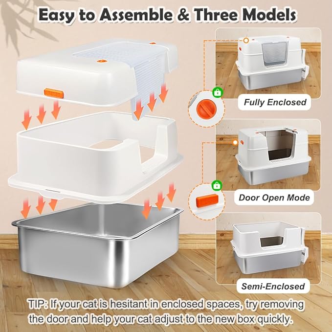 Vivifying Stainless Steel Litter Box with Lid, XL Side Entry Extra Large Litter Box for Big Cats & Kitty, Removable Enclosed Metal Cat Pan with High Sided Enclosure, Scoop, Mat, Footboard (Beige)