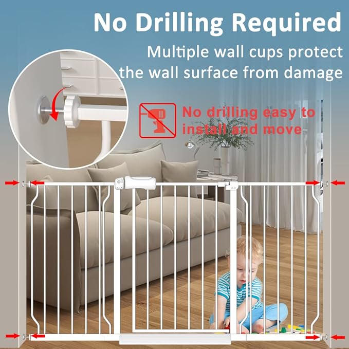 Extra Wide Baby Gate 34-38.5 Inch Wide with Pressure Mounted Extention Kit Walk Through Pet Gate Safety Child Gate for Stairs Doorways Kitchen Living Room
