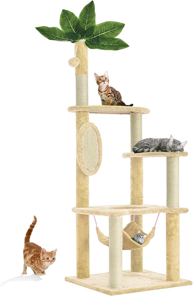 55 Inch Large Cat Tree Tower for Indoor Cats with Hammock Green Leaves Sisal Scratching Post, Plush Hang Ball Play Furniture for Kittens & Adult Cats, New Beige