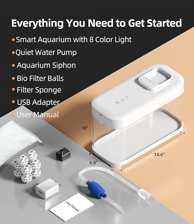 Smart Betta Fish Tank Aquarium 3 Gallon with Temperature Monitor, 3 Stage Filtration, 8 Color Lighting, Self Cleaning Small Beta Tank Kit, Acrylic