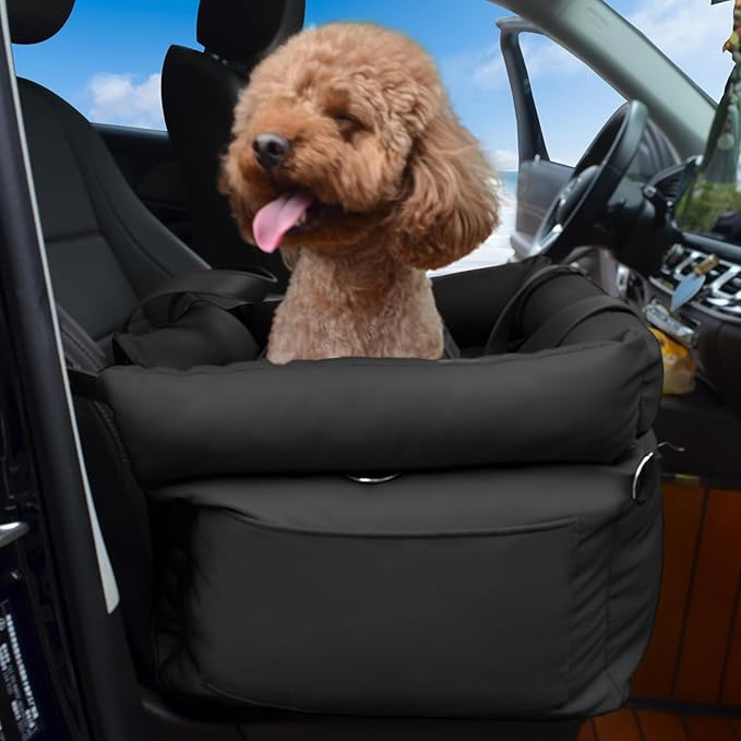 Dog Car Seat for Small Dogs, Large Leather Dog Car Bed with Storage Pocket, Waterproof PVC Leather Booster Seat Travel Bed for Front & Back Seat, Clip-On Safety Leash (Black)