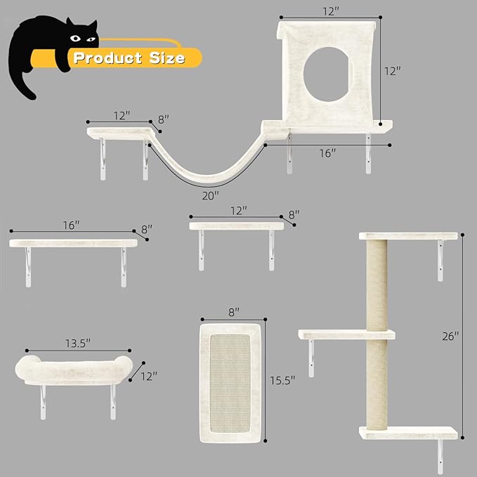 NUNU LAB Cat Wall Shelves, 6 Pcs Luxury Wall-Mounted Cat Climber Set, Indoor Cat Furniture with 1 Condos House, 2 Cat Wall Shelves, 1 Scratching, 1 Bridge Ladder, 1 Scratching Pad, White