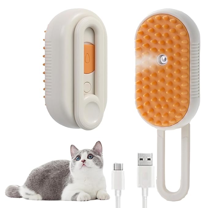 Cat steam brush USB-Powered Pet Steam Brush for Dogs & Cats | Instant Fog Deshedding Tool, Reduces Shedding & Flyaway Hair | Gentle Grooming Brush for Dog & Cat Hair Loss Control (Orange)