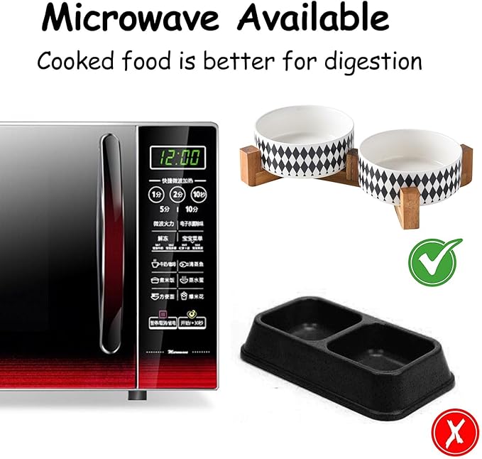 Petygooing Ceramic Dog Cat Bowl Set with Stand,Pet Food and Water Bowl,Small Dog Bowls Anti -Slip Set of 2 Cat Dishes Food Bowls Dish Small Size Pet (13.5OZ/5.1 in) Black Rhombus