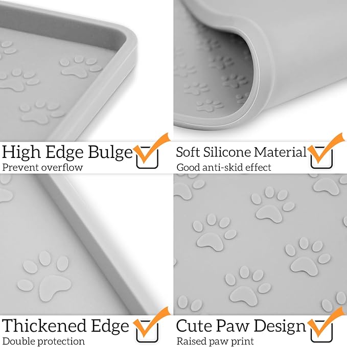 Ptlom Dog Food Mat Anti-Slip Bowl Mats for Food and Water, Waterproof Silicone Pet Placemat with High Raised Edges, Non-Slip Puppy Feeding Tray for Small, Medium Large Cats Dogs, Gray, 11.8"x11.8"