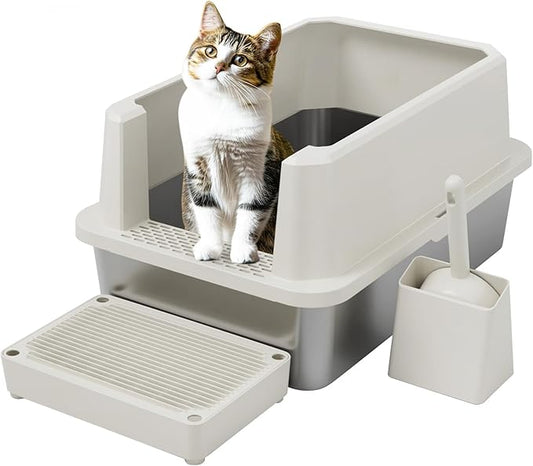 RIZZARI Stainless Steel Cat Litter Box, Semi-Closed Litter Box with High Edges, Large Odorless Litter Pan with for Small to Large Cats (Beige, 1 Pack)