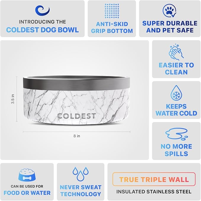 Coldest Dog Bowl - Anti Rust Metal, Non Slip, 3 Layers Insulated Stainless Steel Dog Bowls - Spill Proof & Heavy Duty - Water Bowl for Dogs, Cats & Pets, Dish Washer Safe (64 oz, Carrara Marble)