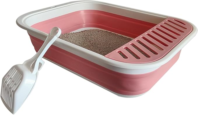 Senior Cat Litter Boxes, Collapsible Open Low Entry Cat Litter Pan with Scoop Travel Kitten Potty Pan Foldable Pet Toilet for Sick Disabled Older Elderly Cats Pink 20.9x15.7x5.7 inch