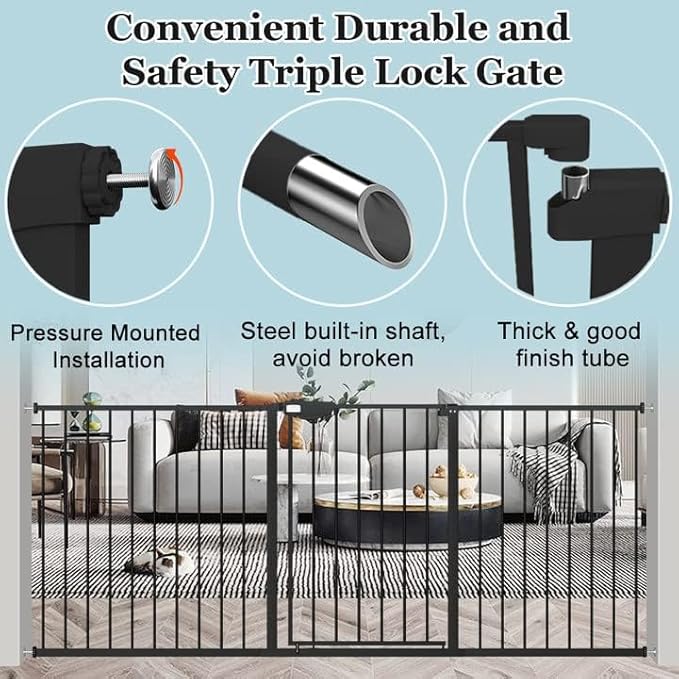 WAOWAO Triple Lock Baby Gate Extra Wide 49.21-53.14" Pressure Mounted Walk Through Swing Auto Close Safety Black Metal Dog Pet Puppy for Stairs,Doorways,Kitchen