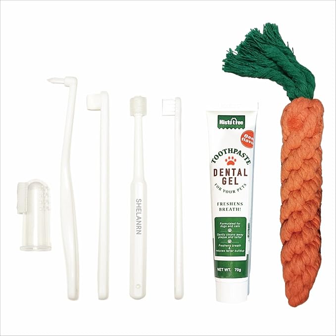Dental Care for Pets - Dog Tooth Brushing Kit, Dog Toothpaste, Cat Toothbrush kit, Pet chew Toys, Dog Teeth Cleaning, 5 in 1 KIT for Large and Small Pets, Pets are Durable in Use !