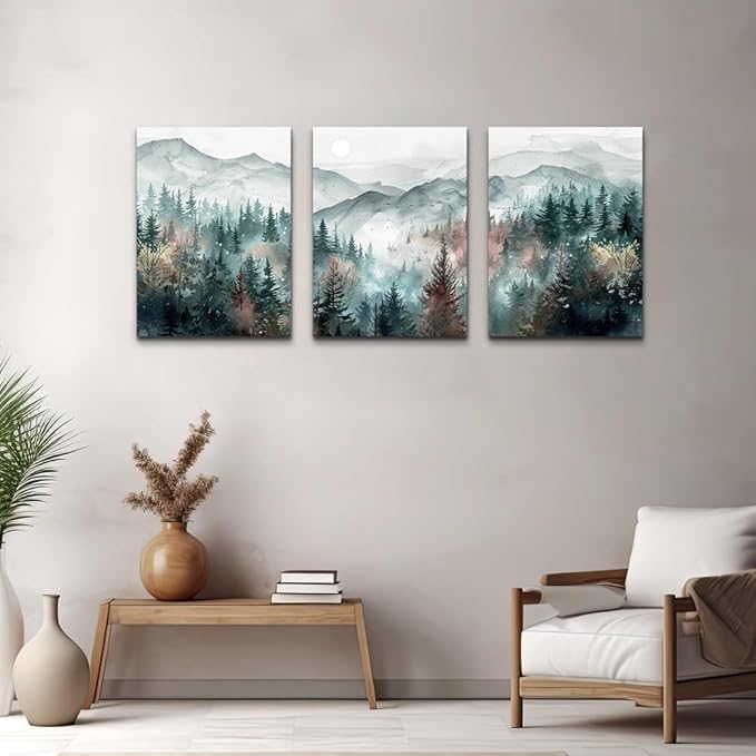 TTHYUEWS Wall Art For Living Room Farmhouse Wall Decor For Bedroom Wall Pictures for Office Fog Forest Mountain Landscape Watercolour Wall Paintings Artwork Ready To Hang Home Decorations 3 Piece
