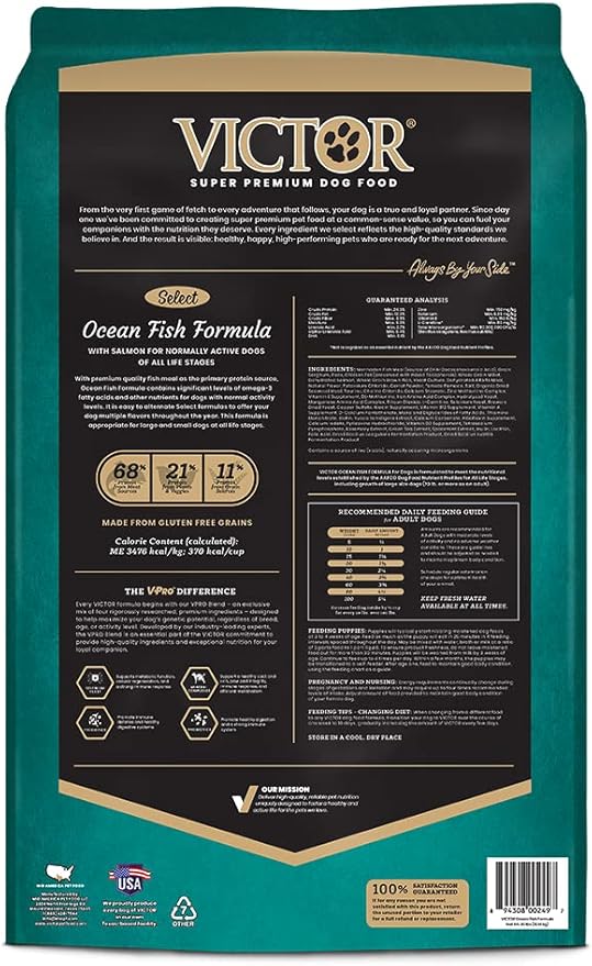 VICTOR Super Premium Dog Food – Select Ocean Fish Formula with Salmon – Omega-3 and Omega-6 Enriched Gluten-Free Dry Kibble for All Normally Active Dogs of All Life Stages, 40lbs