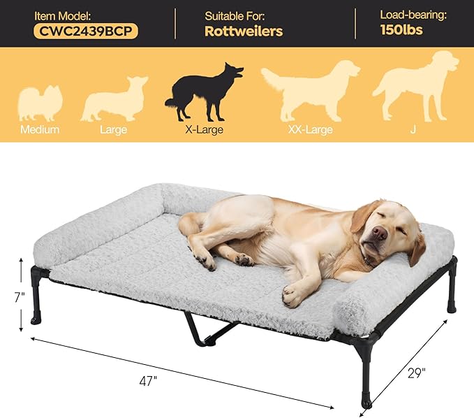 Veehoo Cooling Elevated Dog Bed Add Removable Deluxe Rose Plush Bolster Cushion Mat, 47" x 29" Washable Dog Couch Bed, Raised Pet Cot with Breathable Teslin Mesh, No-Slip Feet, Grey, CWC2439B