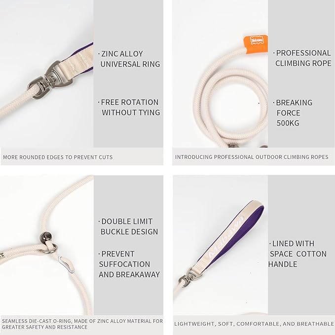 Dog Anti-Slip Leash 5FT with Metal Stopper - Durable No-Pull Training Lead for Small, Medium & Large Dogs - Comfortable Handle Nylon Rope, Tangle-Free Pet Walking Leash (Beige, 5.6FT)