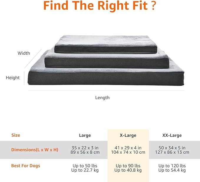 Amazon Basics Dog Bed with Cooling Gel Memory Foam, Pressure-Relief Support for Dogs up to 90lbs, Non-Slip Bottom, Machine Washable Cover, Extra Large Sized (41" x 29"), Grey
