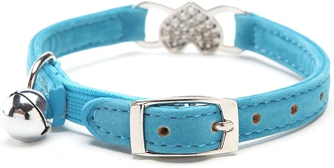 CHUKCHI Pink Soft Velvet Safe Cat Adjustable Collar with Crystal Heart Charm and Bells 8-11 Inches (Blue)