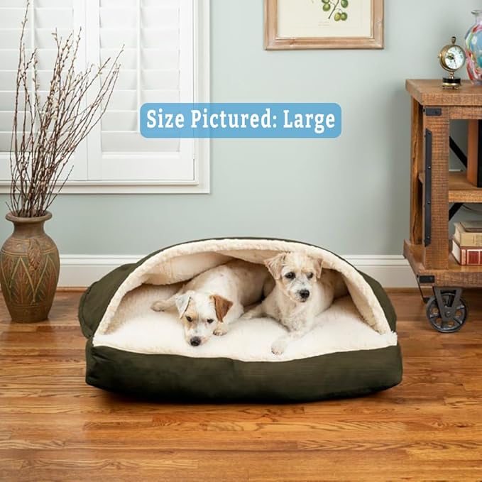 Snoozer Rectangle Cozy Cave Dog Bed - Indoor Dog Bed with Cover Cave, Covered Calming Burrow for Large Sized Pets with Blanket Attached, Enclosed, Washable - XL, Olive