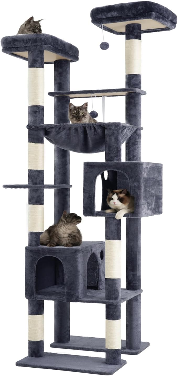Hey-brother Tall Cat Tree Tower, Heavy Duty Scratching Posts with Large Platforms, Cozy Condos, Big Hammock, Toy Balls, Multi-Level Furniture for Indoor Adult Cats, 80.7 Inches, Smoky Gray MPJ039G