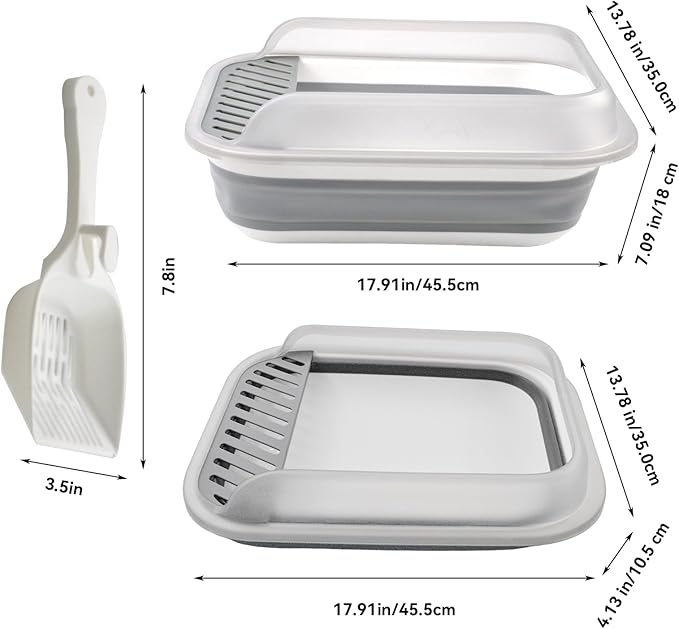 Open Cat Bedpan with Spoon,Shallow Splash Proof Travel Litter Box with Sand Drop Pedal High Side Low Entrance Cat Toilet Semi-Enclosed Adjustable for Kittens Elderly Cats Disabled Cats(Gray)