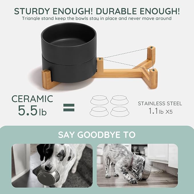SPUNKYJUNKY Ceramic Dog and Cat Bowl Set with Wooden Stand, Modern Cute Weighted Food Water Bowl Set for Medium to Large Size Dogs (42 OZ, 2 × Black)