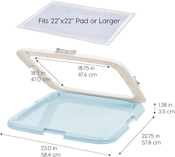 IRIS USA Pee Pad Holder - For Potty Training Regular Sized Dog & Puppy Pee Pads, Secured Latches, Non-Skid Feet, Leak Protection, Fits 22"x22" Pad or Larger, Square, Blue
