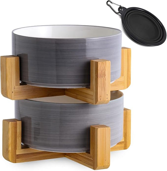 Petygooing Ceramic Cat Dog Bowl Set with Stand, Pet Food and Water Bowl,Medium Pet Dishes Anti Slip Set of 2 Cat Dog Bowls-Cute Modern Pet Food Bowls Small Medium Size (28 OZ /3.6 Cups) Grey White