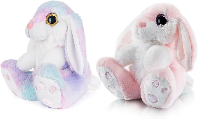 My OLi Bunny Stuffed Animal Pack of 2 Plush Rabbit 7in Stuffed Bunny with Floppy Ear Bedtime Friend Soft Toy Gifts for Girls Boys Kids, Pink & Rainbow