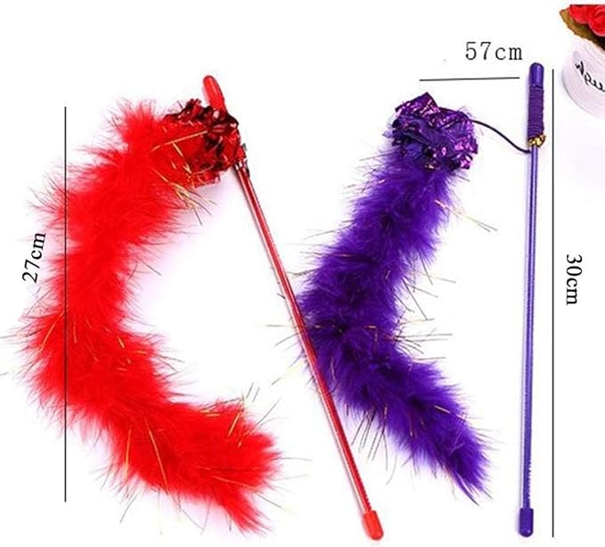 Purple Cat Teasing Stick Toy - Interactive Stick with Sparkly Feather Boa & Crinkle Ball for Indoor Cat Training & Fun