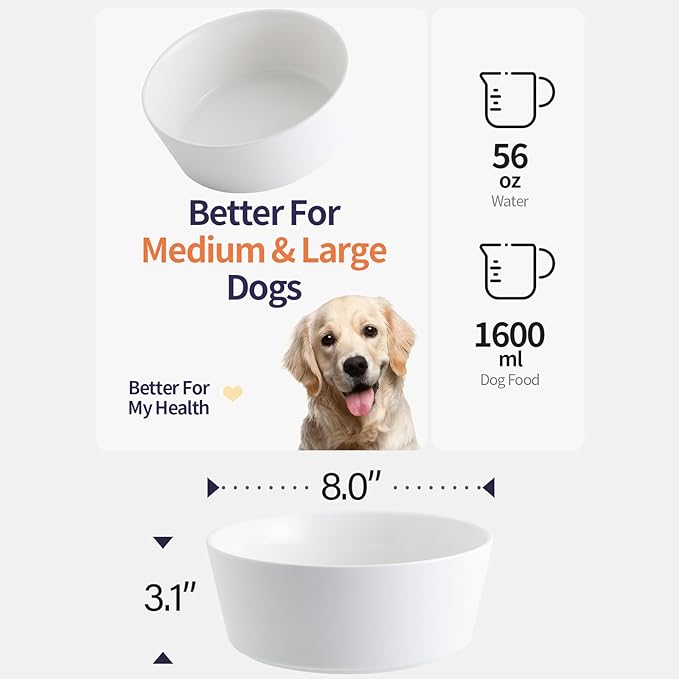 White Dog Bowl Ceramic for Medium Large Breed, Heavy Weighted Dog Food Water Dish, 8 in Non - Slip Modern Cute Extra Big Porcelain Pet Bowl Maze Wide Mouth