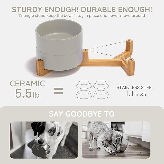 SPUNKYJUNKY Ceramic Dog and Cat Bowl Set with Wooden Stand, Modern Cute Weighted Food Water Bowl Set for Medium to Large Size Dogs (42 OZ, 2 × Grey)