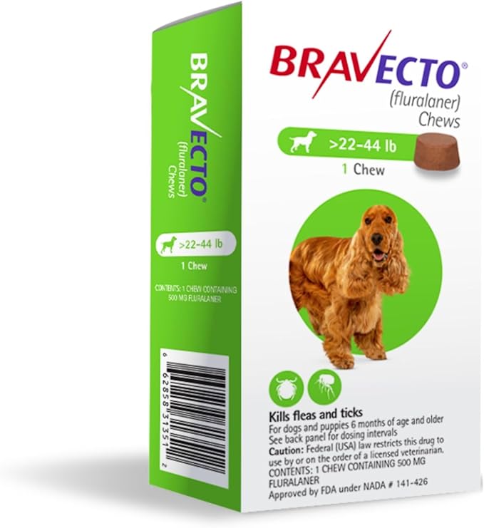 BRAVECTO Chew for Dogs, Flea & Tick, 1 Chew, 12 Week Supply, 22-44 lbs., Green Box