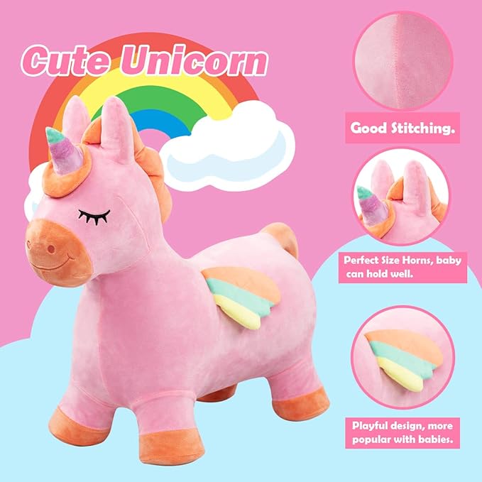 EVERICH TOY Bouncy Horse Unicorn Toys, Inflatable Bouncing Animal Hopping Toys, Outdoor Indoor Ride on Bouncer, Boys Girls Birthday Gift for 18 Month 2 3 4 5 6 Year Old Kid- Plush Unicorn Toy