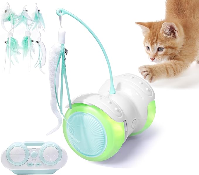 Remote Control Cat Toy with Auto Mode - Interactive Cat Toy Feather for Indoor, Moving Cats Catnip Toys & LED to Keep Bored Cats Active & Entertained