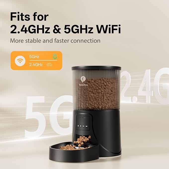 Automatic Cat Feeder WiFi- 5Ghz Cat Food Dispenser with APP Remote Control- Auto Pet Feeder for Small Dog Indoor- Easy to Set Up and Clean- Dual Power with Desiccant Bag Keep Fresh