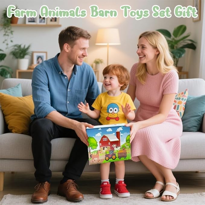 Big Musical Red Barn Toy Farm Animal Finger Puppets for 1 2 3 4 5 Years Old, Animal Figures Playset with Farm Tails Baby Book, Sensory Learning Toys Gift for Toddlers Boys Girls