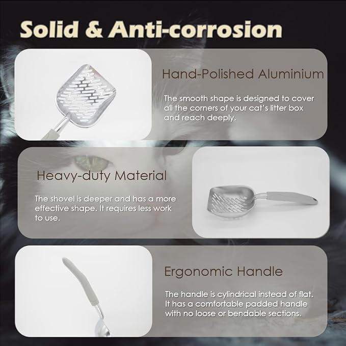 Metal Cat Litter Scoop with Holder, Aluminum Cats Litter Scooper Captures All Clumps, Heavy Duty Metal Kitty Scoopers with Holder, Cat Metal Scoop and Holder (Black)